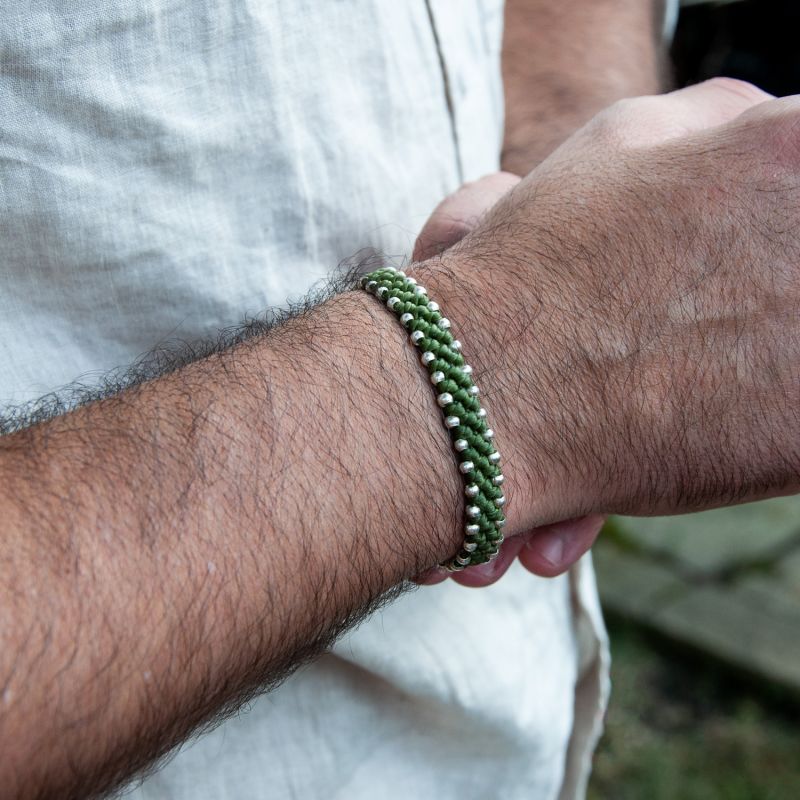 Eco-Friendly Men's Chunky Silver And Apple Green Waterproof Rope Bracelet - Green image