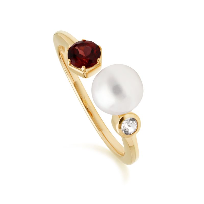 Garnet, Pearl & Topaz Open Ring In Yellow Gold Plated Silver image