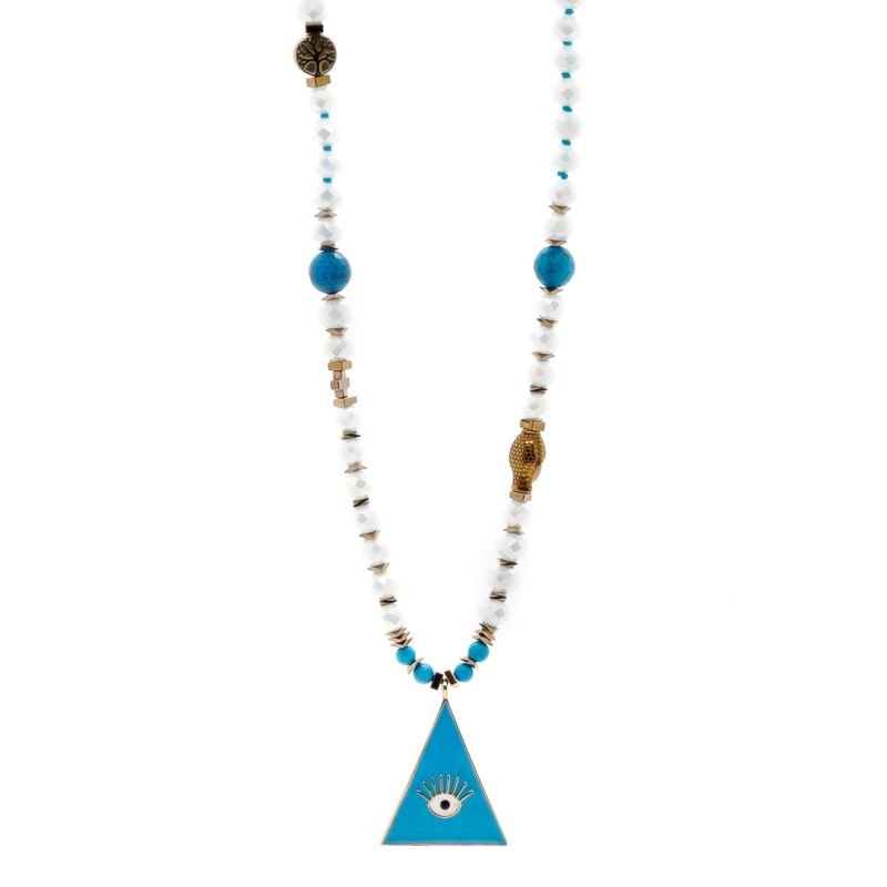 Mystic Symbols & Blue Evil Eye Pendant White Beaded Necklace - Blue image