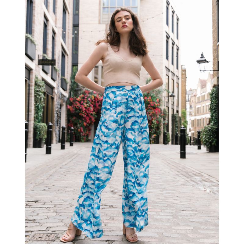 The Alba Wide Leg Trousers In Blue Sky Satin image