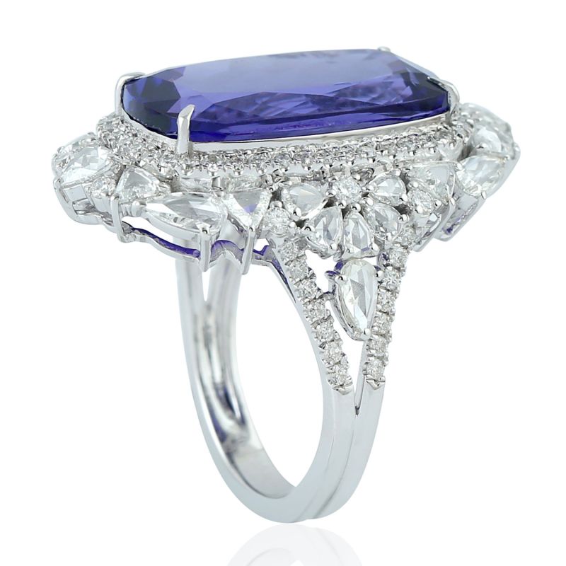 Cocktail Ring White Gold Pave Diamond Tanzanite Handmade Jewelry For Gift image