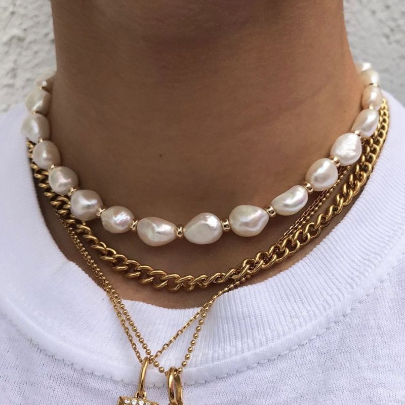 thumbnail image 2 of White Shell Pearl Multilayer Choker Collar Necklace – 16", Gold Plated, Baroque Style 2 of 5