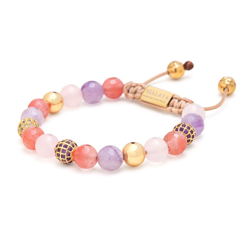 Women's Beaded Bracelet with Cherry Quartz, Rose Quartz, Amethyst Lavender, and Pink Aventurine L (17cm / 6.7”)