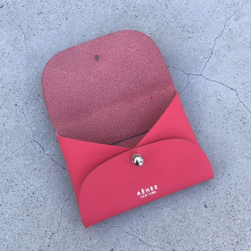 Women’s Leather Minimal Card Holder Wallet- Raspberry Red image