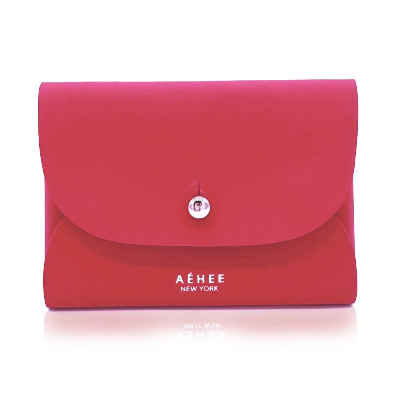 Women’s Leather Minimal Card Holder Wallet- Raspberry Red image