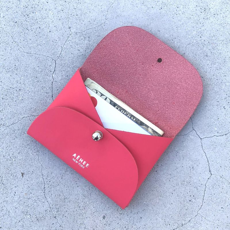 Women’s Leather Minimal Card Holder Wallet- Raspberry Red image