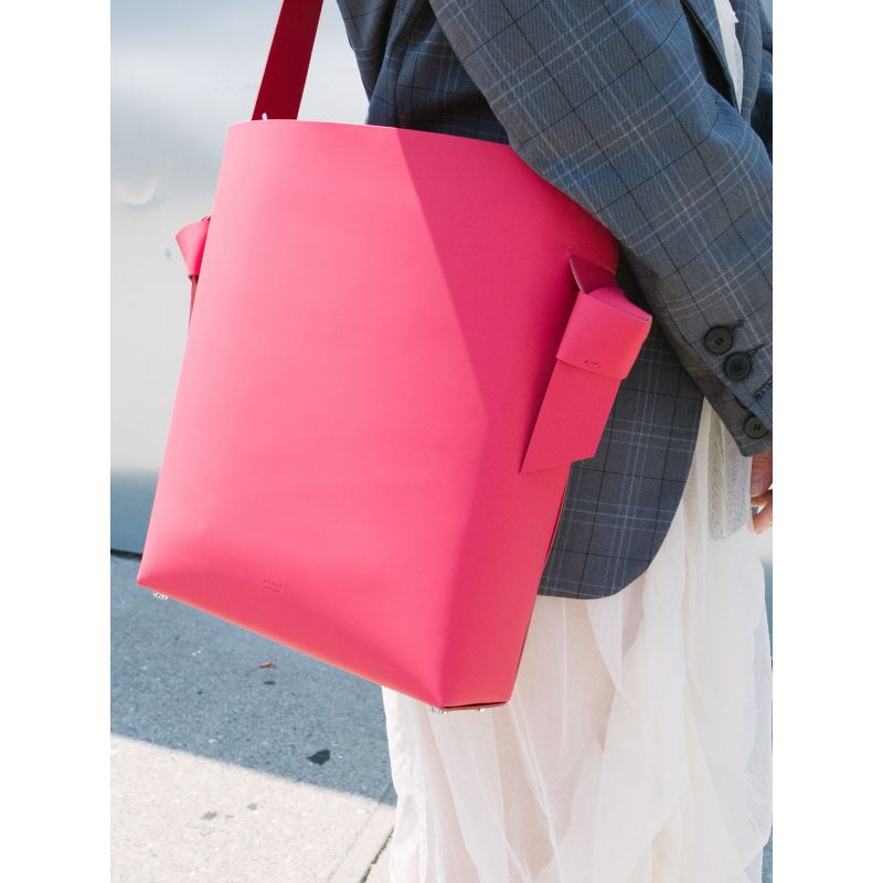 Women’s Minimal Leather Bucket Tote Bag- Raspberry Red image