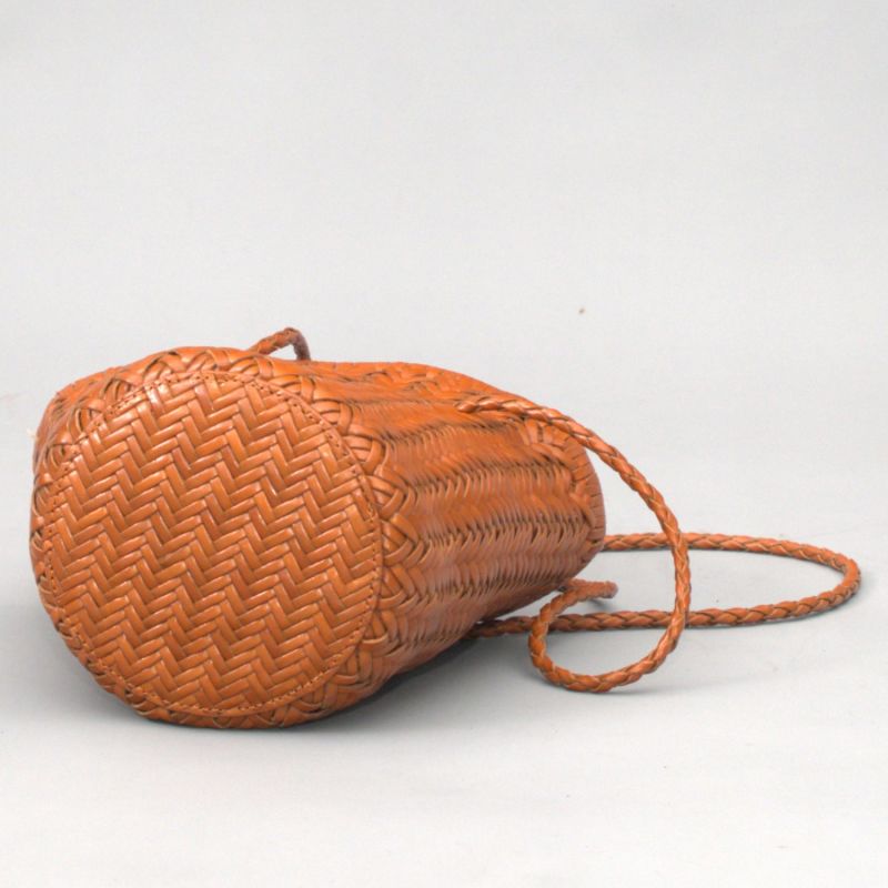 Woven Leather Beach Bucket Bag - Tan image