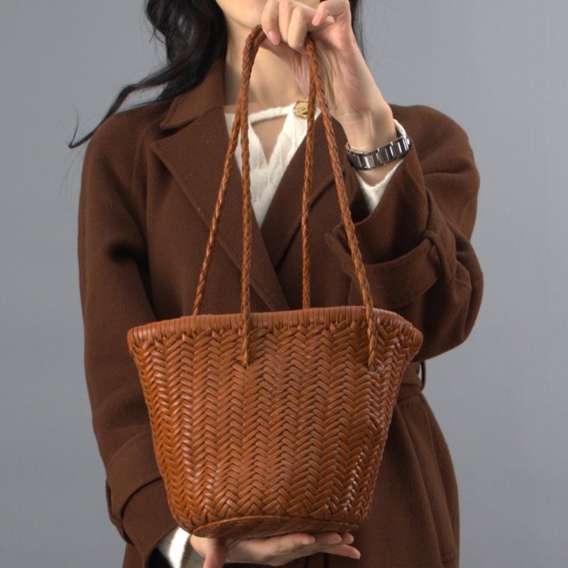 Woven Leather Beach Bucket Bag - Tan image