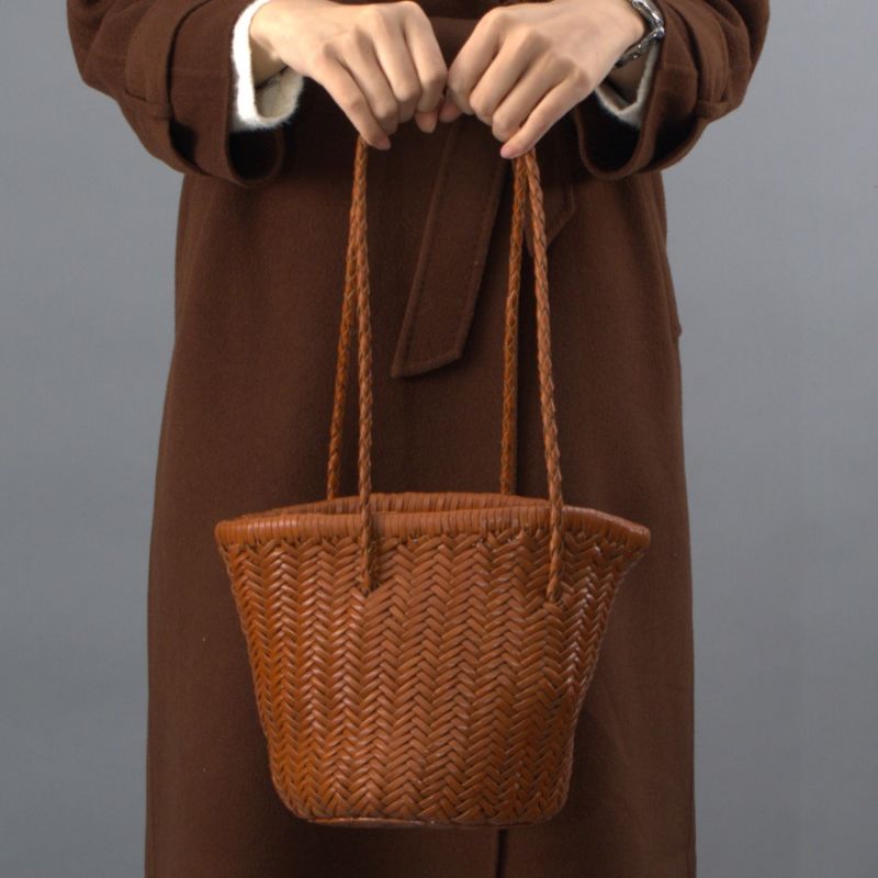 Woven Leather Beach Bucket Bag - Tan image