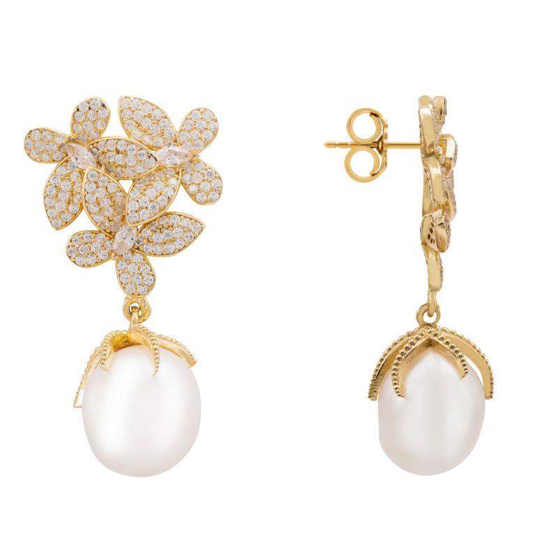 Flowers Baroque Pearl Earrings Gold White image