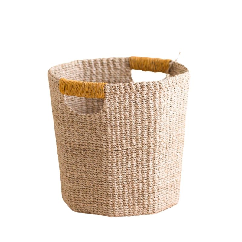 Natural Octagon Basket With Mustard Handle - Handwoven Bin image