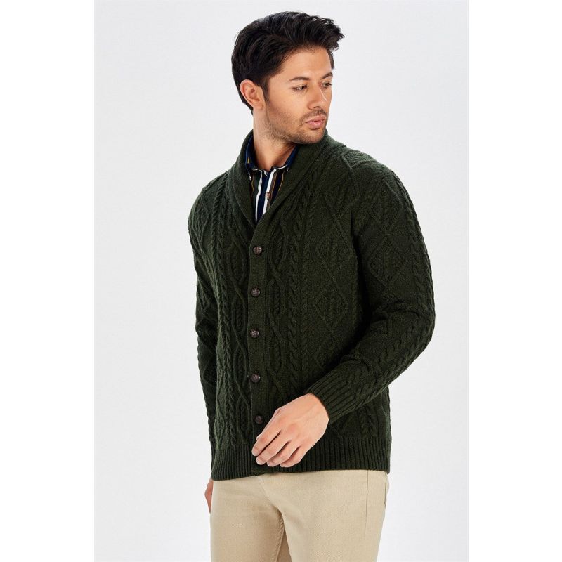 Shawl Collar Cashmere Blend Cable Knit Men's Cardigan - Dark Green image