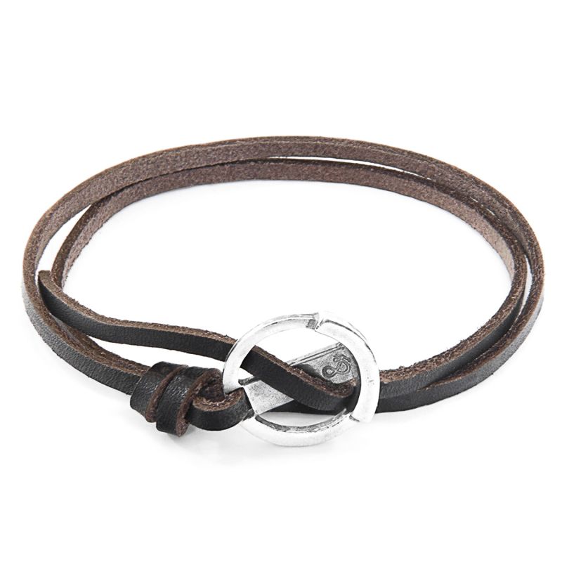 Dark Brown Ketch Anchor Silver & Flat Leather Bracelet image