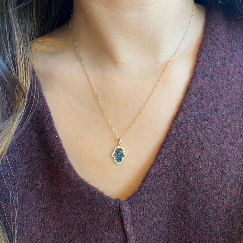 Opal Hamsa Hand Necklace In Black Opal image