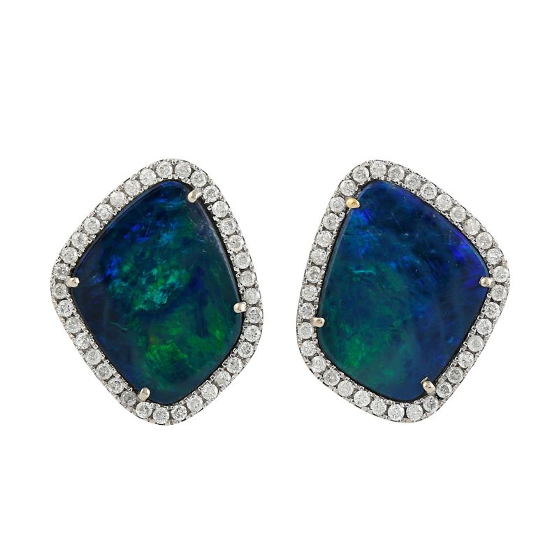 18K White Gold Stud Earrings In Natural Opal Doublet & Diamond Jewelry image