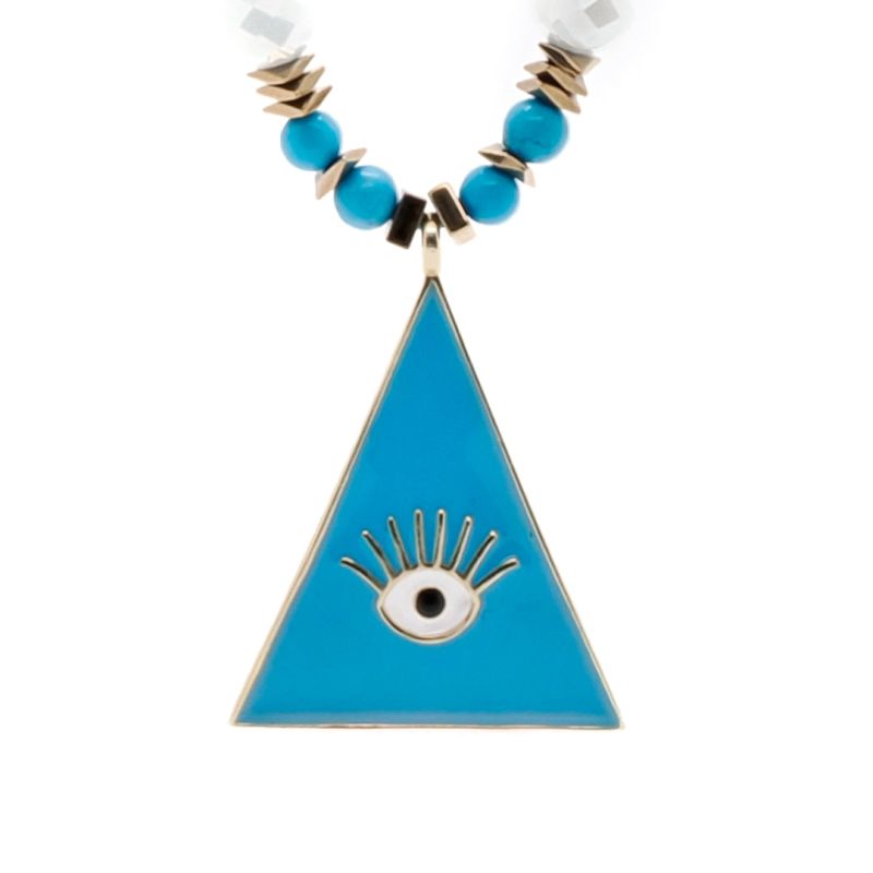 Mystic Symbols & Blue Evil Eye Pendant White Beaded Necklace - Blue image