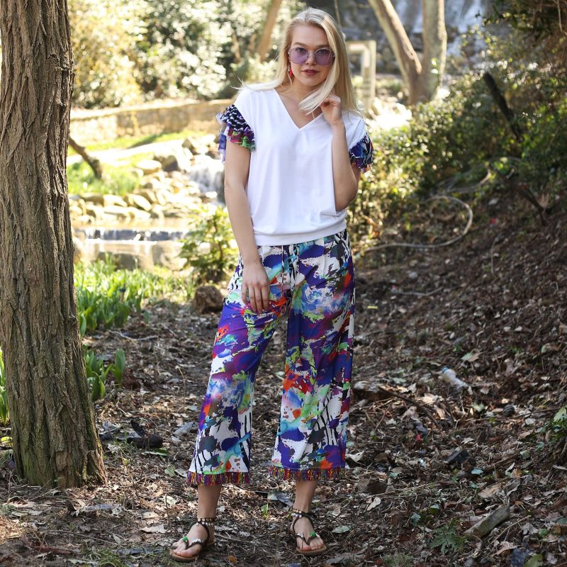 Multi-Color Digital Print Wide-Leg Pants image