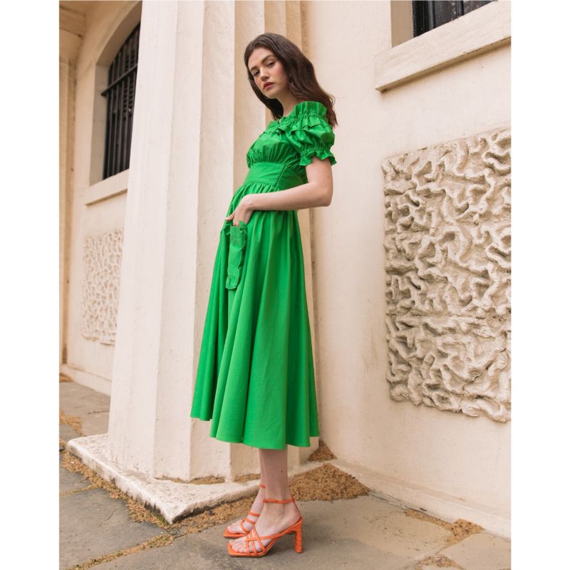 The Tamsin Bardot Ruffle Pocket Midi Dress In Island Green image