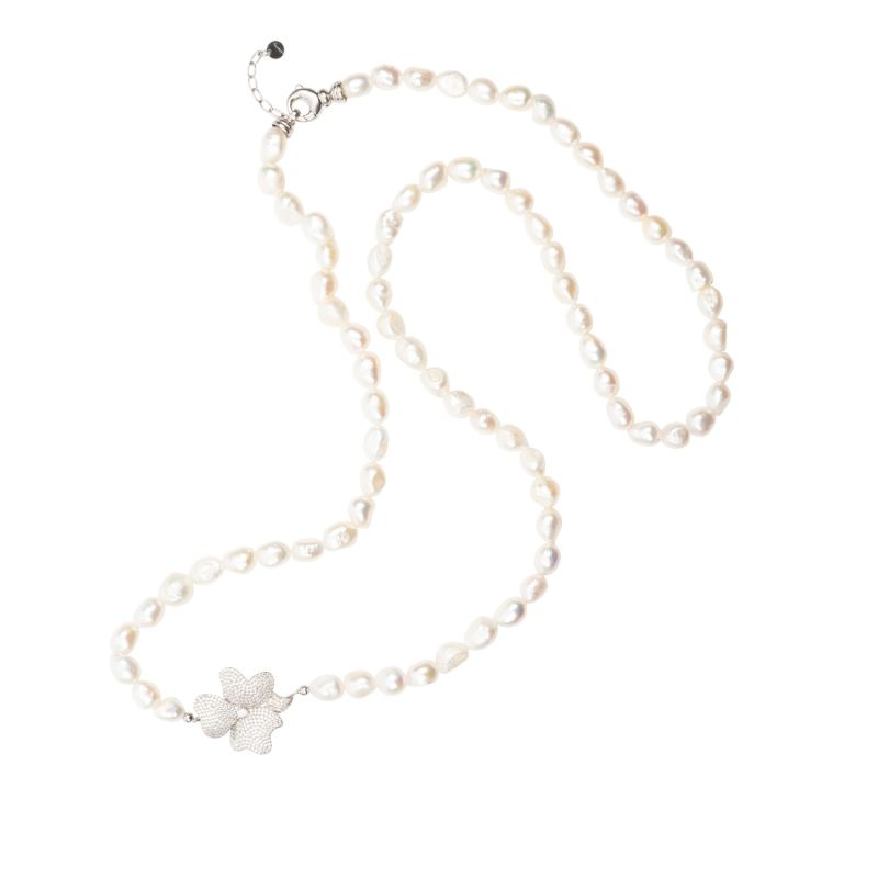 Flower Pearl Gemstone Long Necklace White Cz Silver image