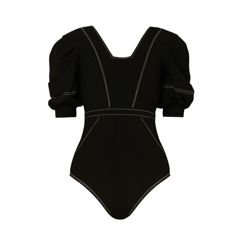 French Cola Volume Puff Sleeves One Piece Swimwear - Black | QUA VINO ...