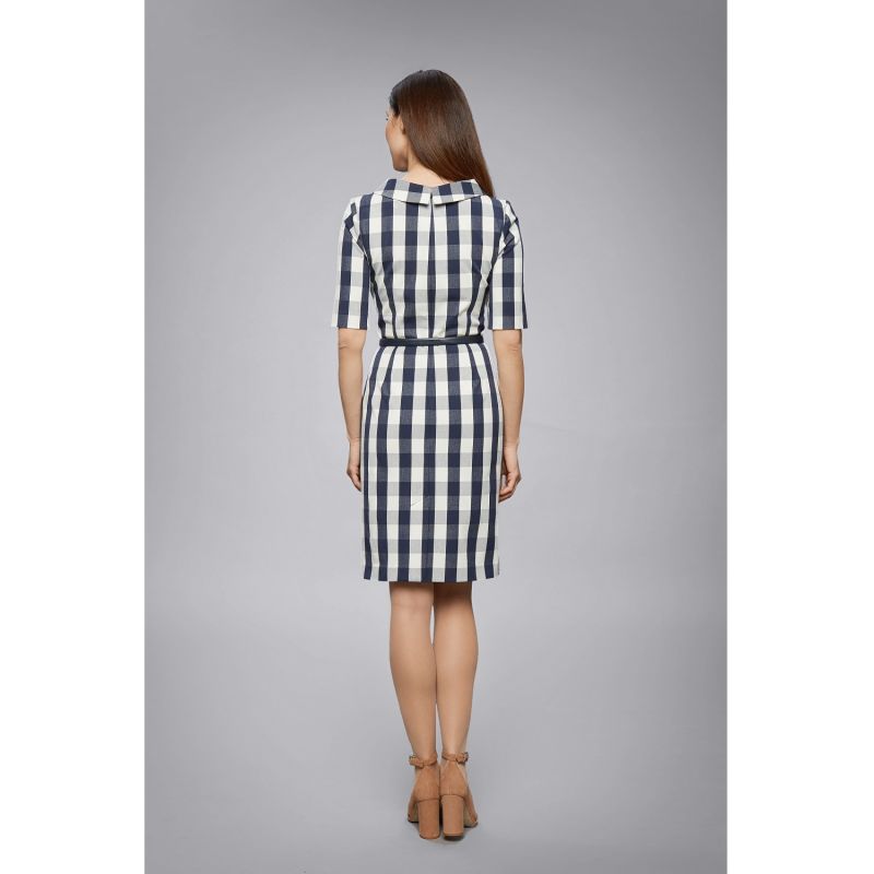Juliette Navy Stretch Cotton Gingham Dress with Raised Collar image