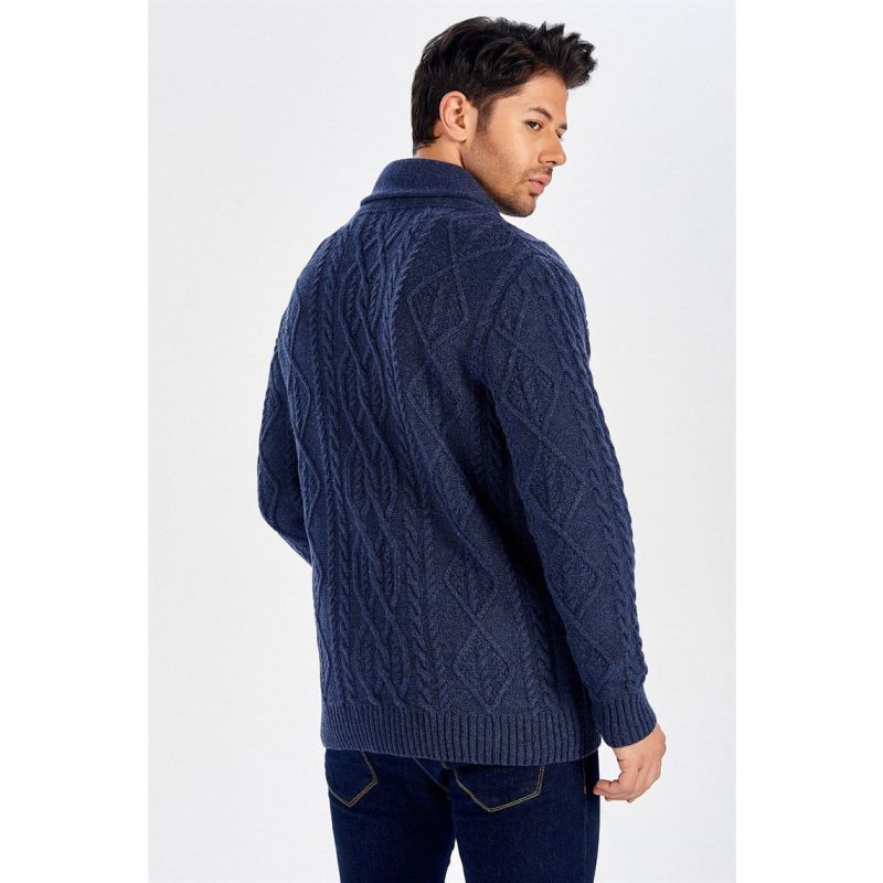 Shawl Collar Cashmere Blend Cable Knit Men's Cardigan - Indigo image