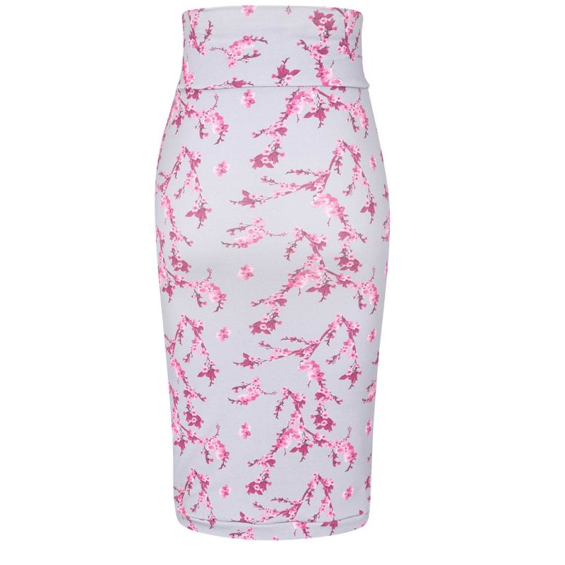 Grey & Pink Floral Midi Skirt image