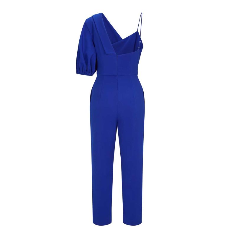 Peak Lapel Puff Sleeve Cotton Jumpsuit - Royal Blue image