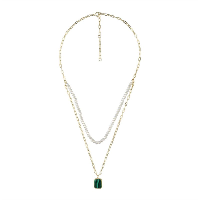 Ecfew Gold Plated Sterling Silver Malachite & Pearl Layered Necklace image