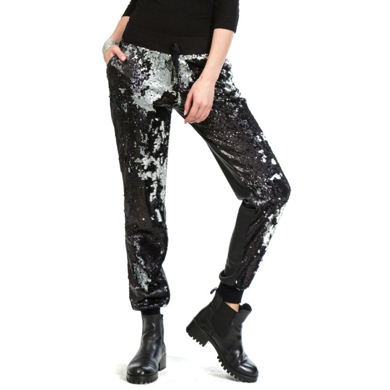 Double-Sided Sequined Black Faux Leather Track Pants image