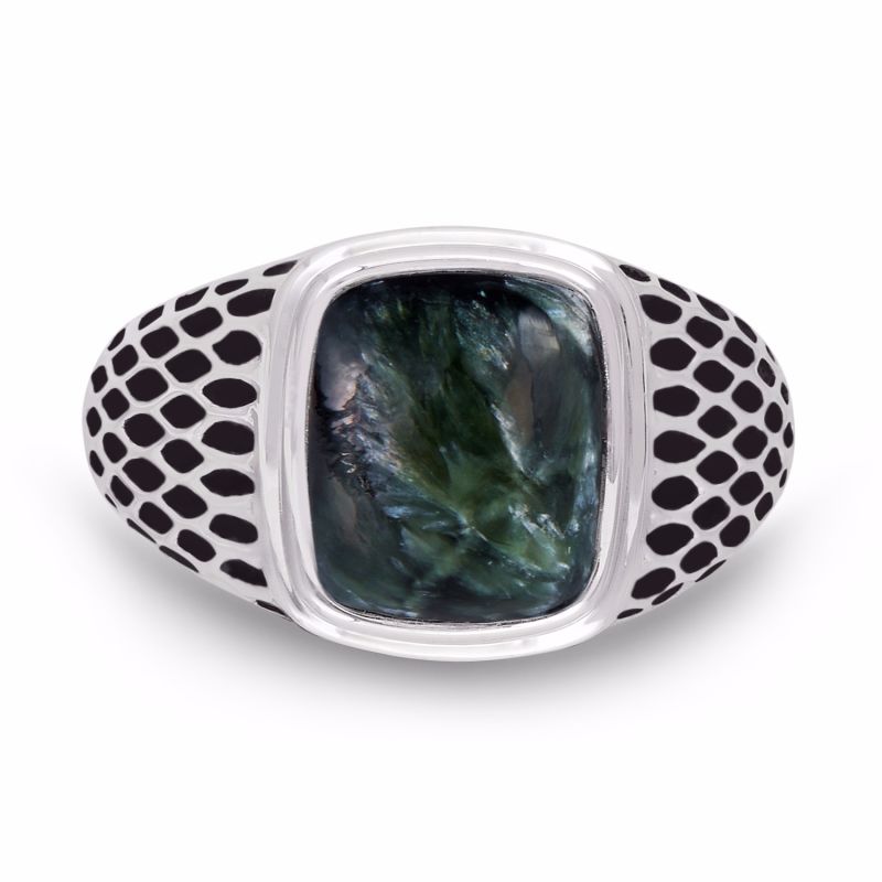 Seraphinite Stone Signet Ring In Black Rhodium Plated Sterling Silver image