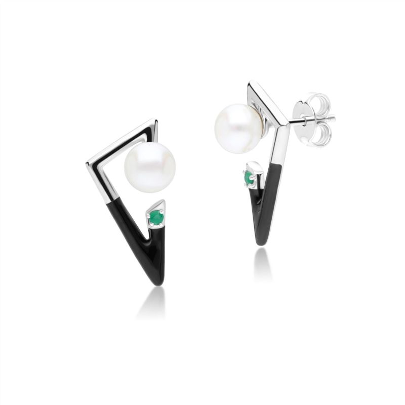 Grand Deco Emerald & Pearl Retro Sterling Silver Earrings image