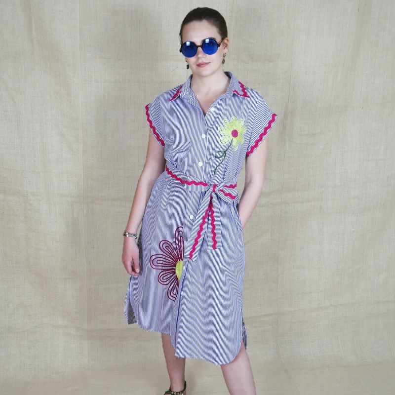 Cotton pinstripe floral embroidery shift dress