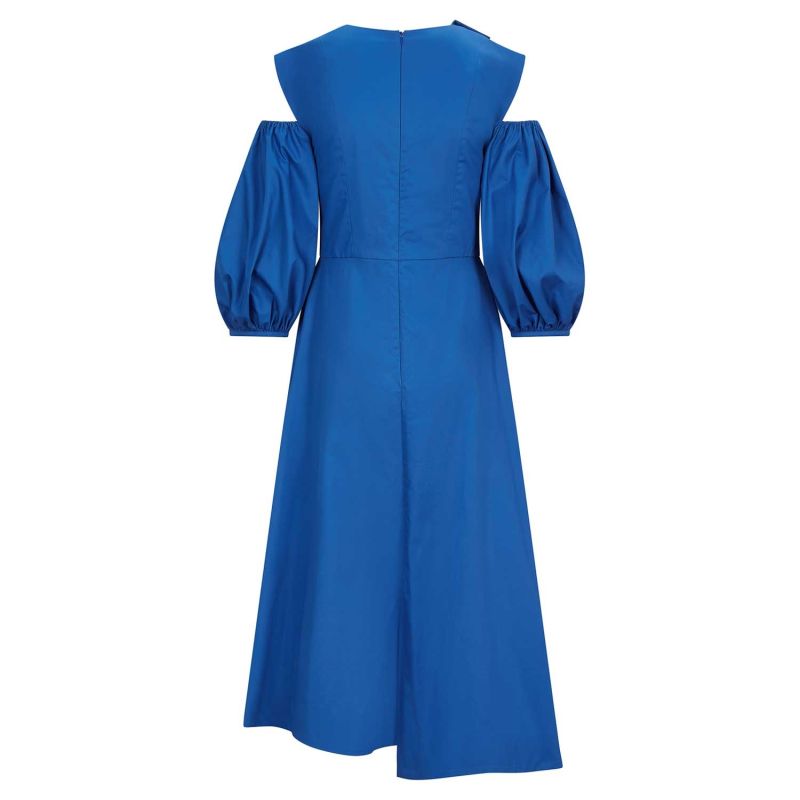 Asymmetric Lapel A-Line Cotton Dress - Sapphire Blue image