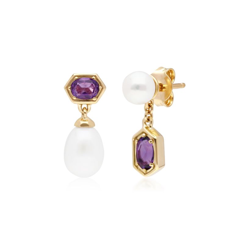 Modern Pearl & Amethyst Mismatched Drop Earrings image