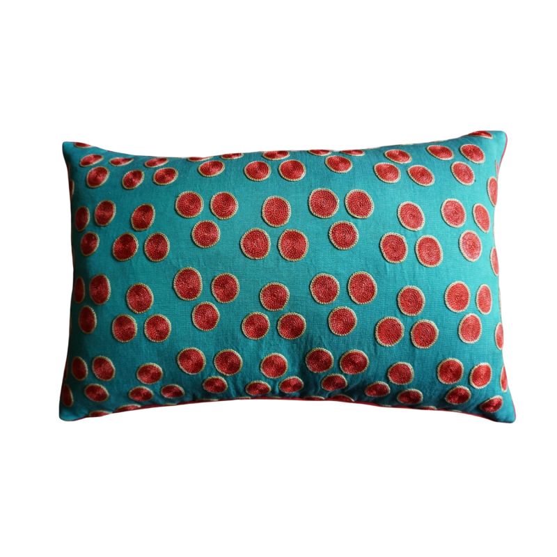 Turquoise and Coral  Embroidered Suzani Cushion image