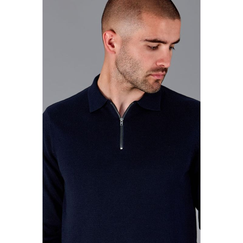 Mens Lightweight Finley Cotton Zip Neck Polo Shirt - Navy image