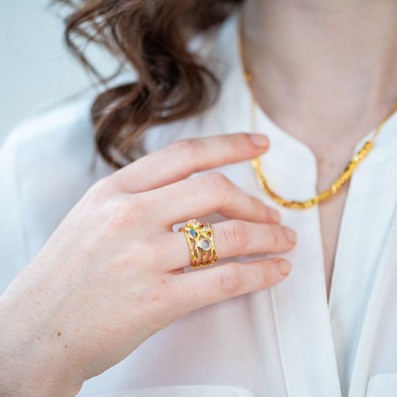 Gold Ring With Aquamarine, Blue Topaz, Lapis Lazuli Gemstones Liana image