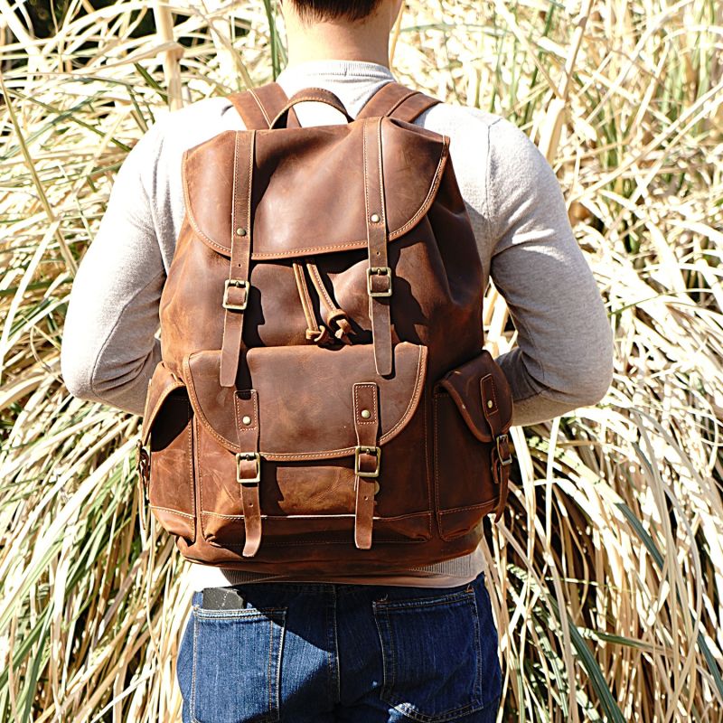 Military Style Leather Backpack - Light Brown image