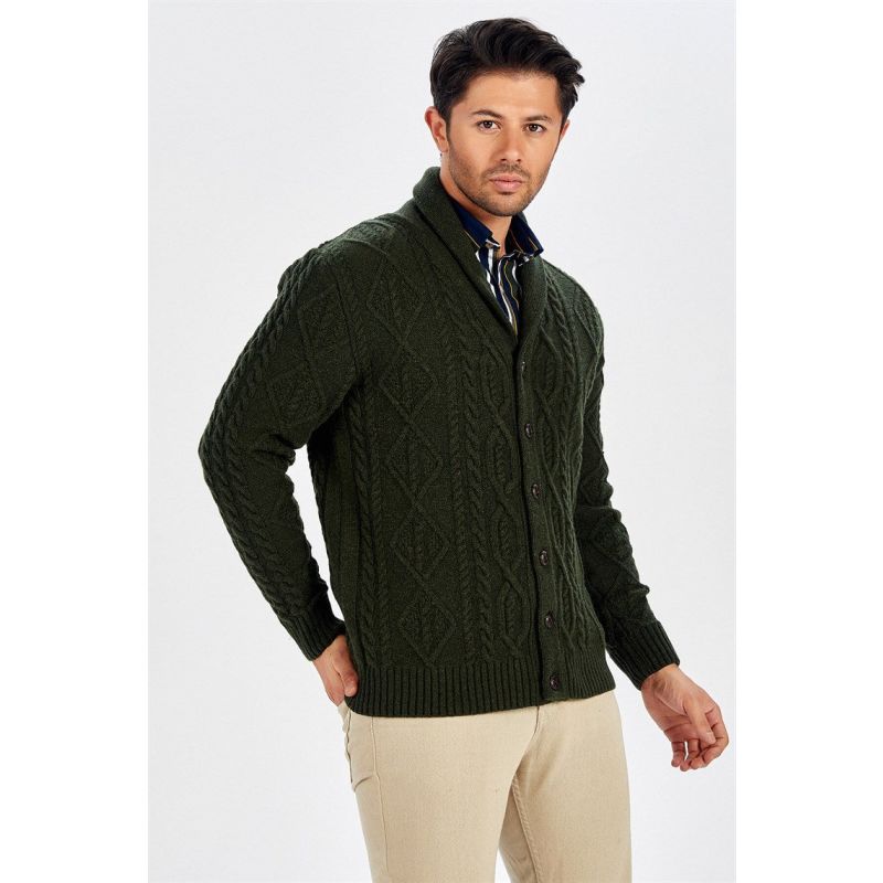 Shawl Collar Cashmere Blend Cable Knit Men's Cardigan - Dark Green image