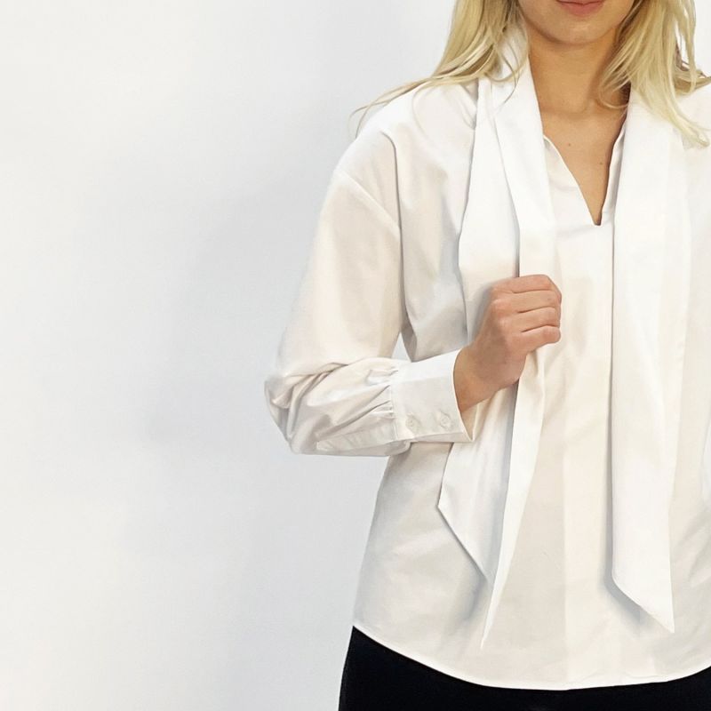 Organic Stretch Cotton White Shirt With Jabot Tie Neck  - The Charlton image