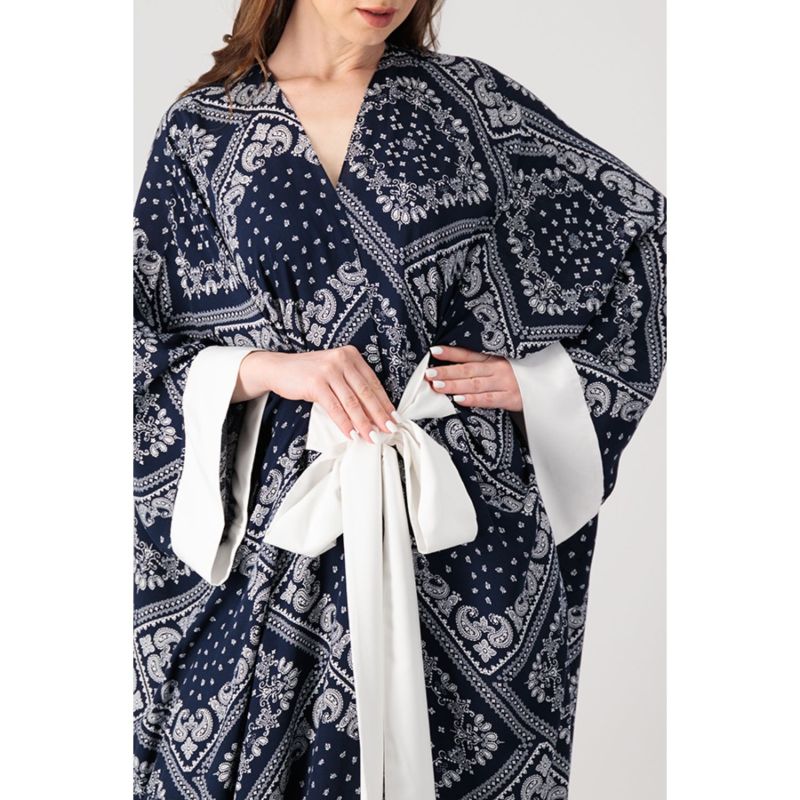 Classic Abaya Cut With Belt In Printed Navy Paisley Rayon image