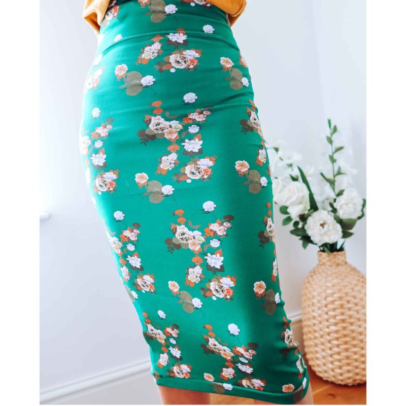 Green Floral Midi Jersey Skirt image