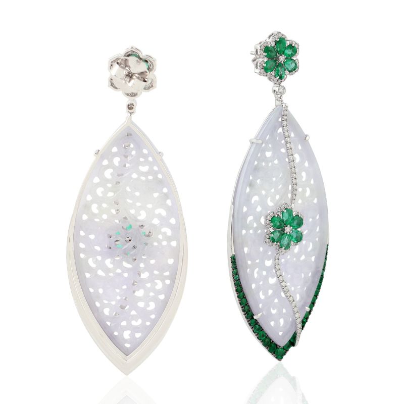 18K White Gold Marquise Shape Earrings Diamond Carving Jade Emerald Dangle Earrings Handmade Jewelry image