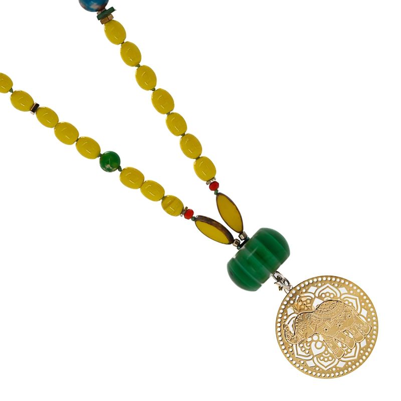 Filigree Gold Elephant Pendant African Beaded Yellow Necklace - Yellow image