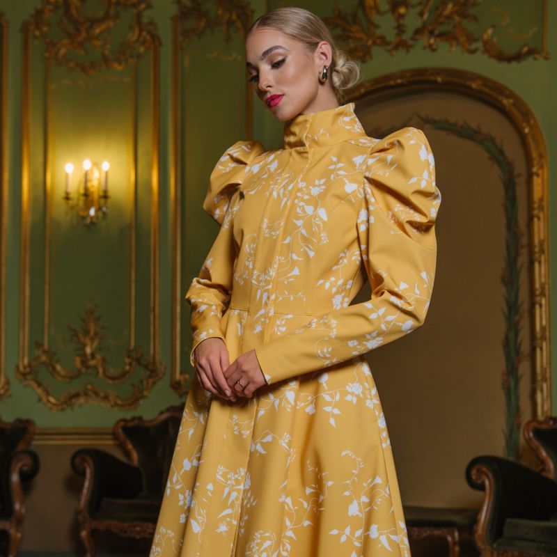 Yellow Coat With Balloon-Styled Sleeves And White Floral Print: Majestic Yellow image