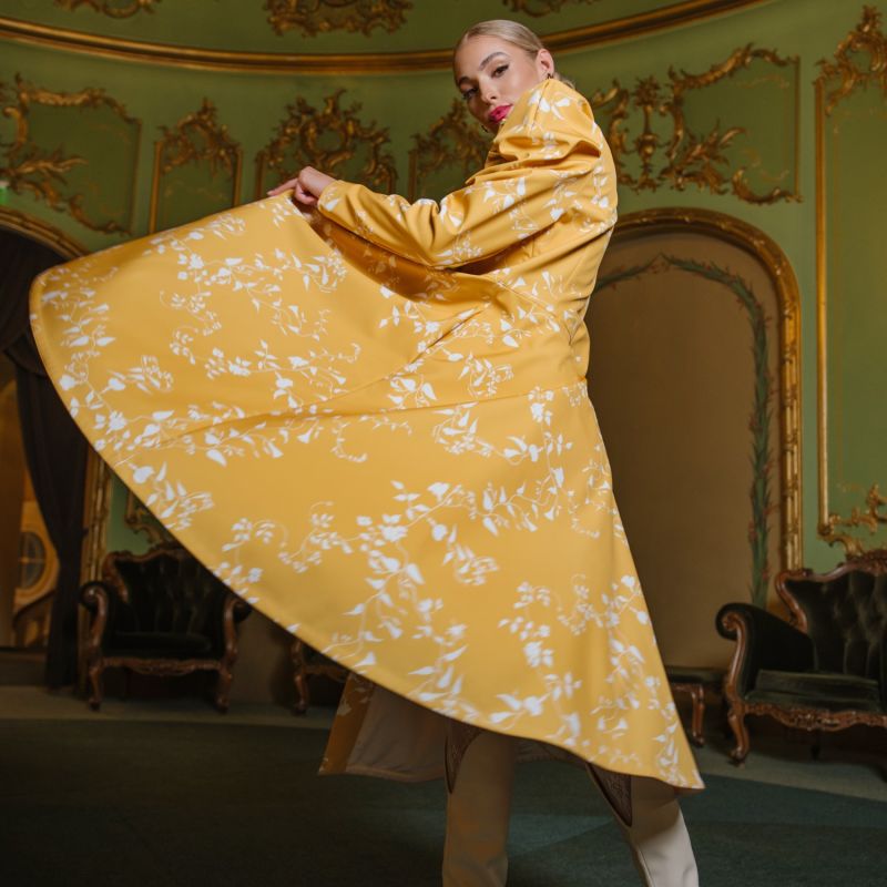 Yellow Coat With Balloon-Styled Sleeves And White Floral Print: Majestic Yellow image