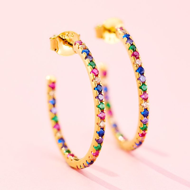 Yellow Gold Plated Rainbow Cz Birthstone Hoop Earrings image