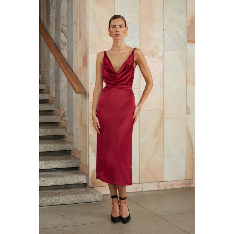 Kamea Red Satin Cocktail Midi Dress With Cowl Neck image